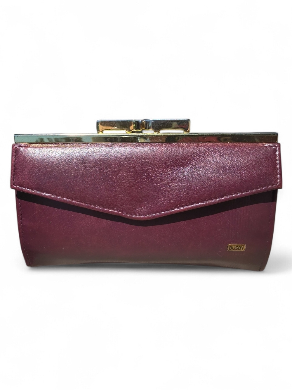 Vintage BUSBY Maroon Brown Genuine Kid Leather Kisslock Clutch Bifold Wallet